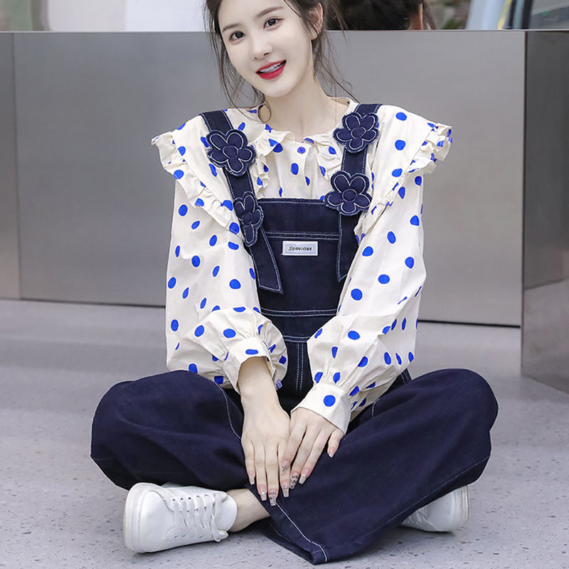 大碼女裝春季套裝女2023新款時尚印花襯衫減齡牛仔背帶褲兩件套潮