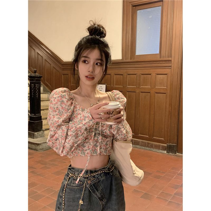 甜美碎花長袖襯衫女裝春季2023新款修身顯瘦系帶短款高腰別致小衫