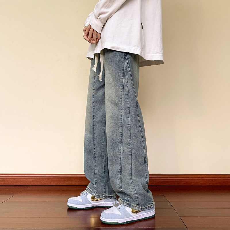 Muszoom elastic waist jeans men's spring and autumn loose straight wide-leg pants spring and autumn American high street washed pants