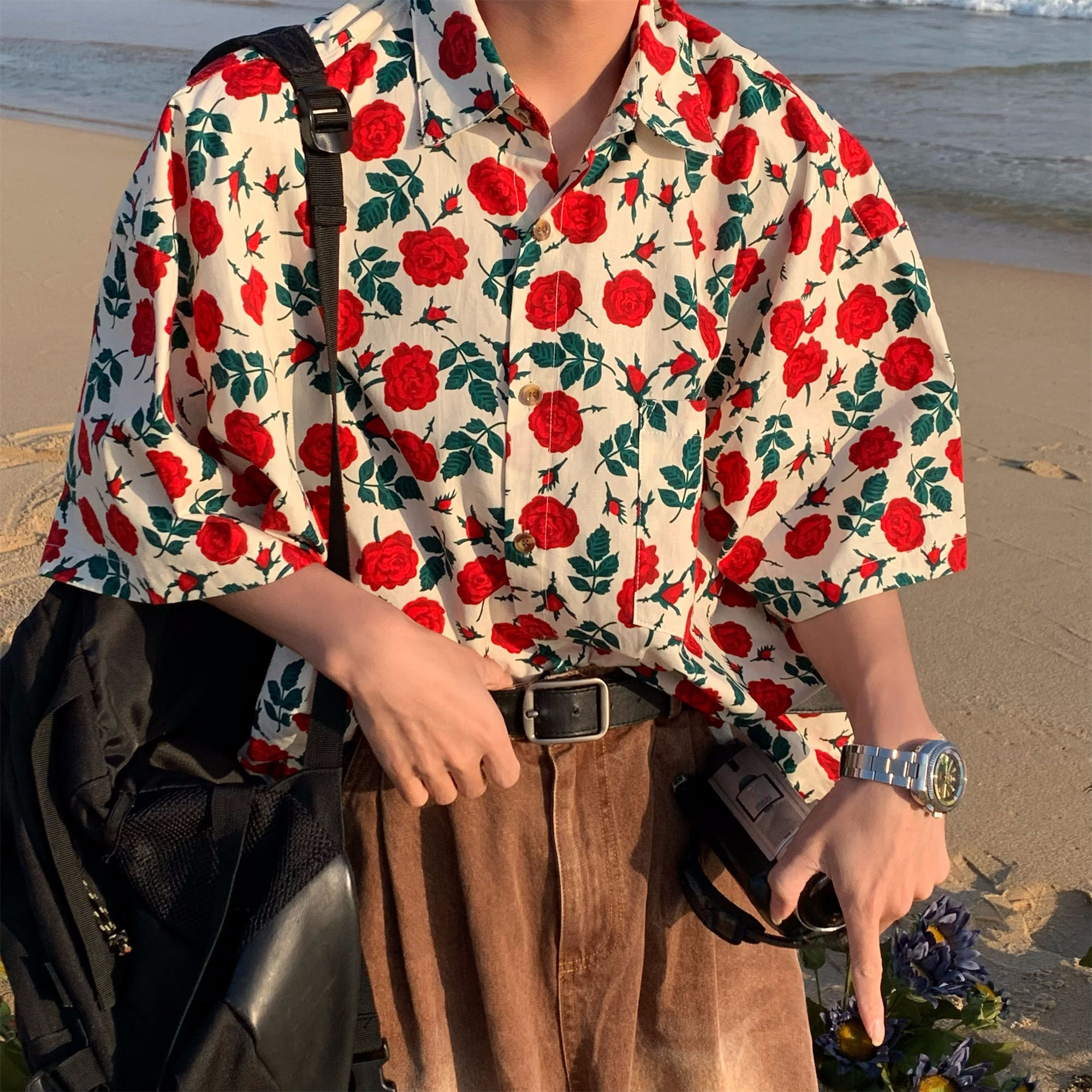 港风复古玫瑰花满印短袖衬衫夏威夷沙滩风情侣vintage上衣