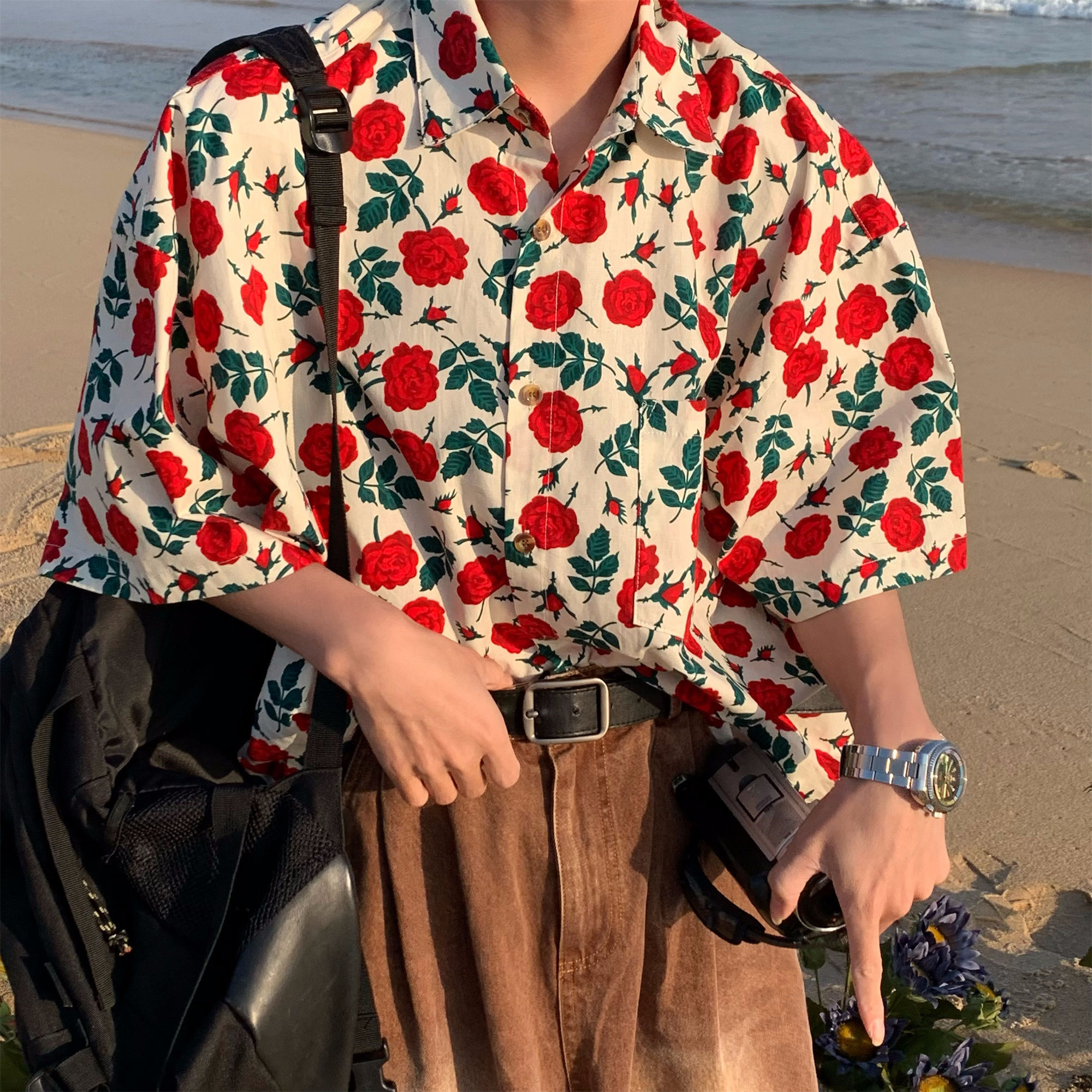 港風復古玫瑰花滿印短袖襯衫夏威夷沙灘風情侶vintage上衣