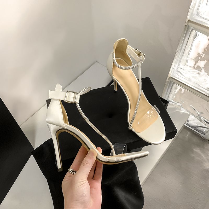 One word belt sandals 2023 summer new ins open toe transparent stiletto fashion rhinestone women's shoes high heels