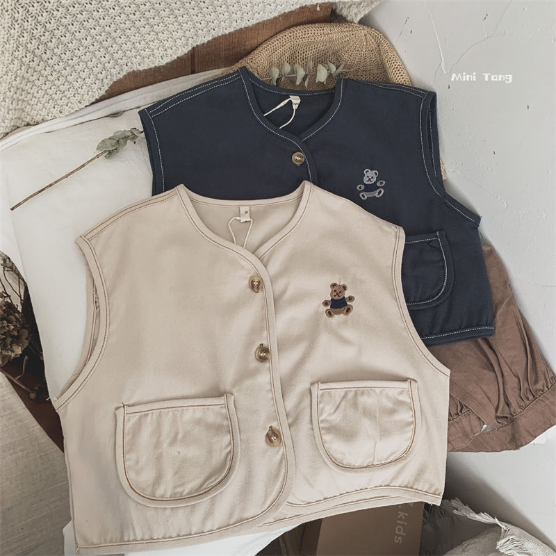 Literary soft glutinous~Korean version washed cotton embroidery cute vest male and female baby all-match vest small coat spring and autumn