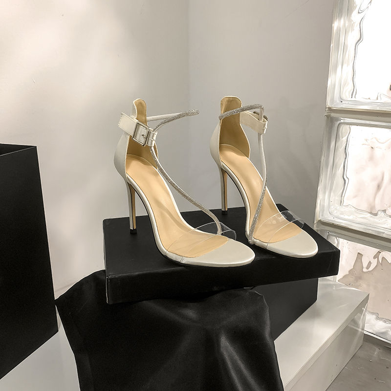 One word belt sandals 2023 summer new ins open toe transparent stiletto fashion rhinestone women's shoes high heels