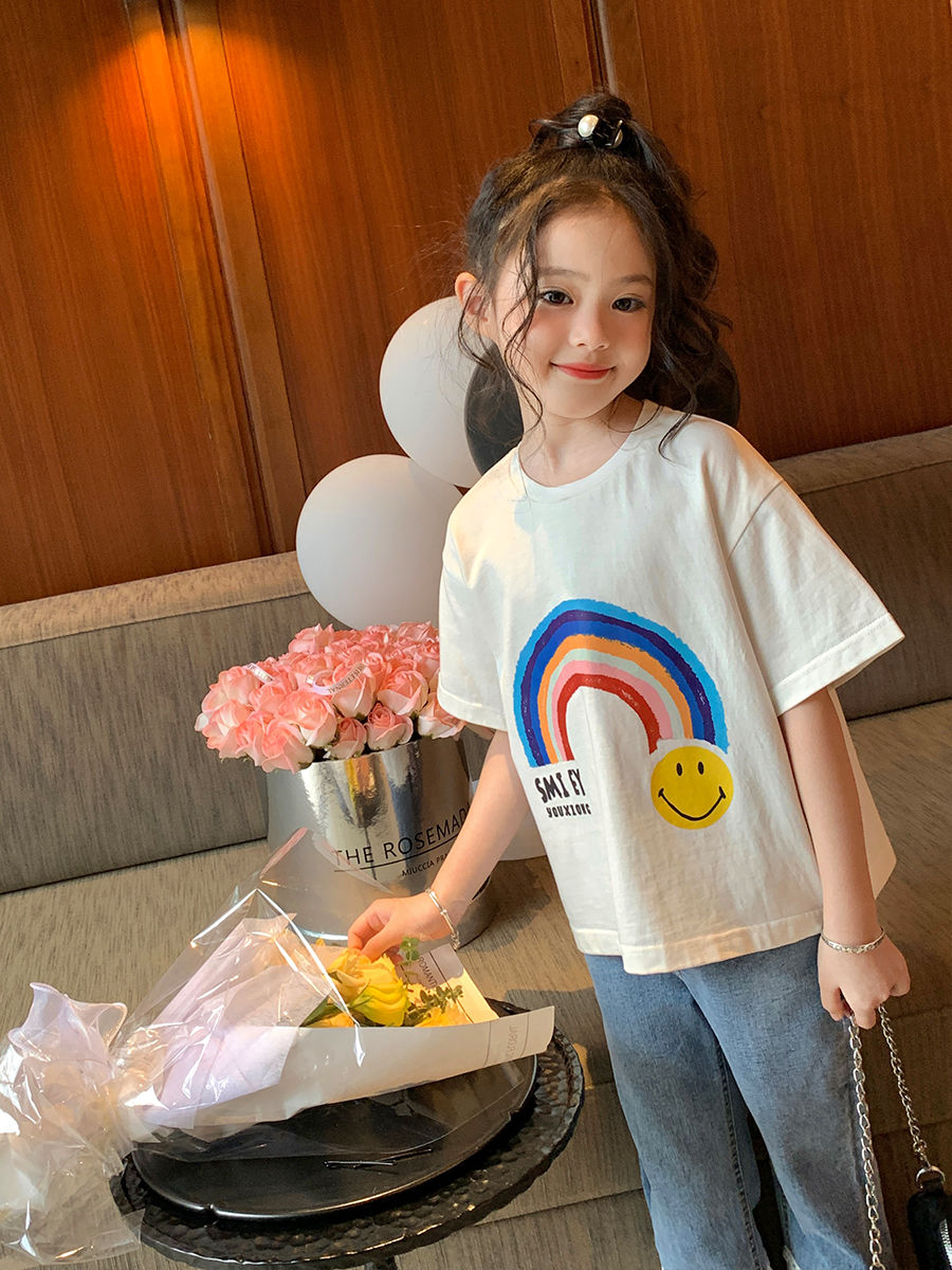 Original Girls Rainbow Smiley Cotton T-Shirt Summer Dress  New Children's Baby White Round Neck All-match Tops