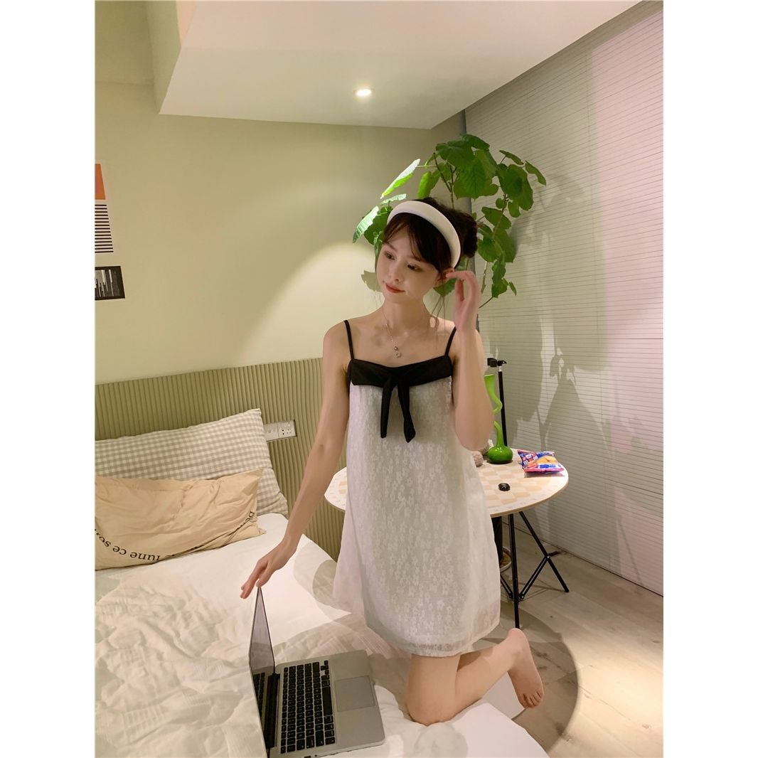 Suspender nightdress women's summer 2023 new pajamas bow cool feeling home clothes can be worn outside sweet princess style