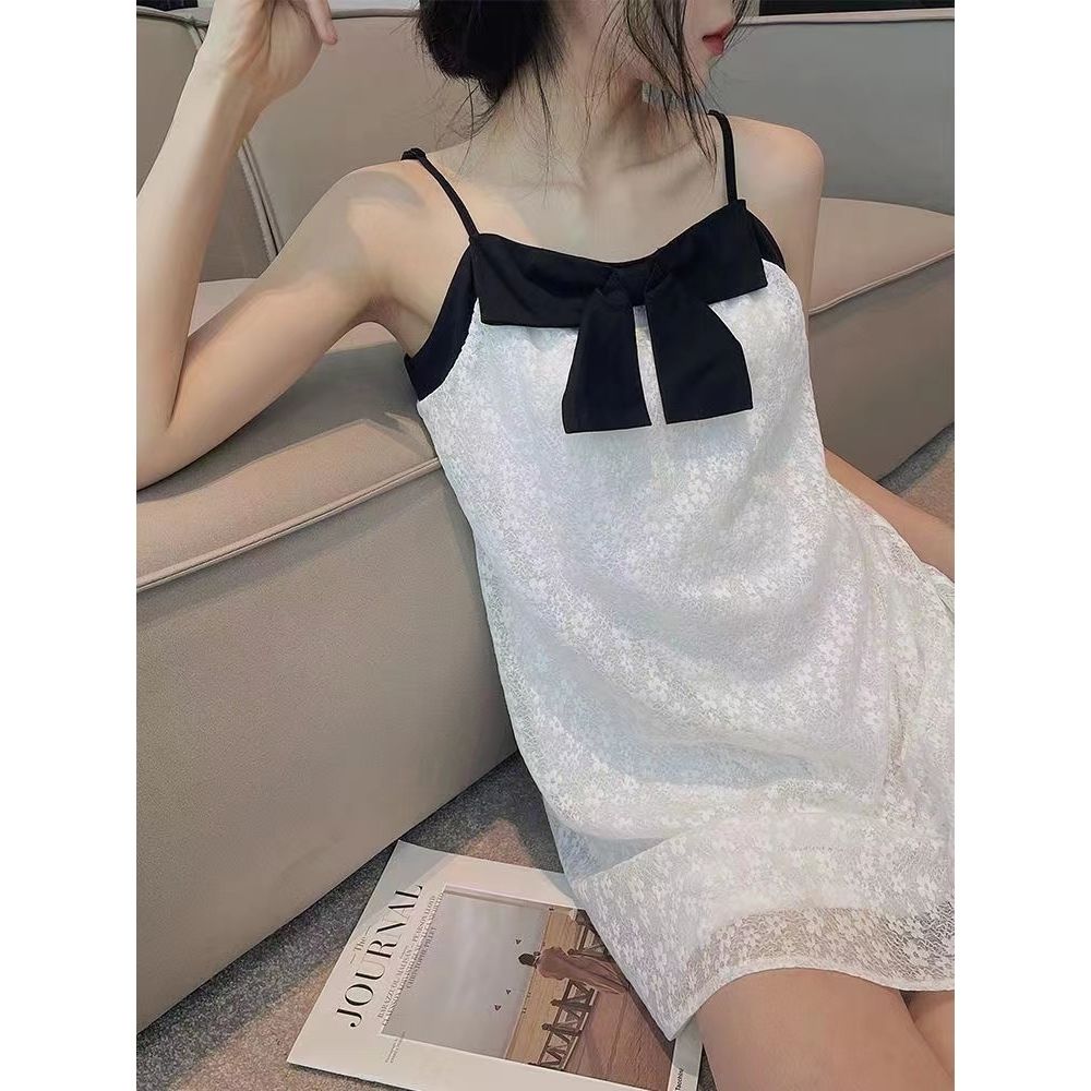 Fairy style sling nightdress female summer 2023 new pajamas bow cool feeling home clothes can be worn outside sweet