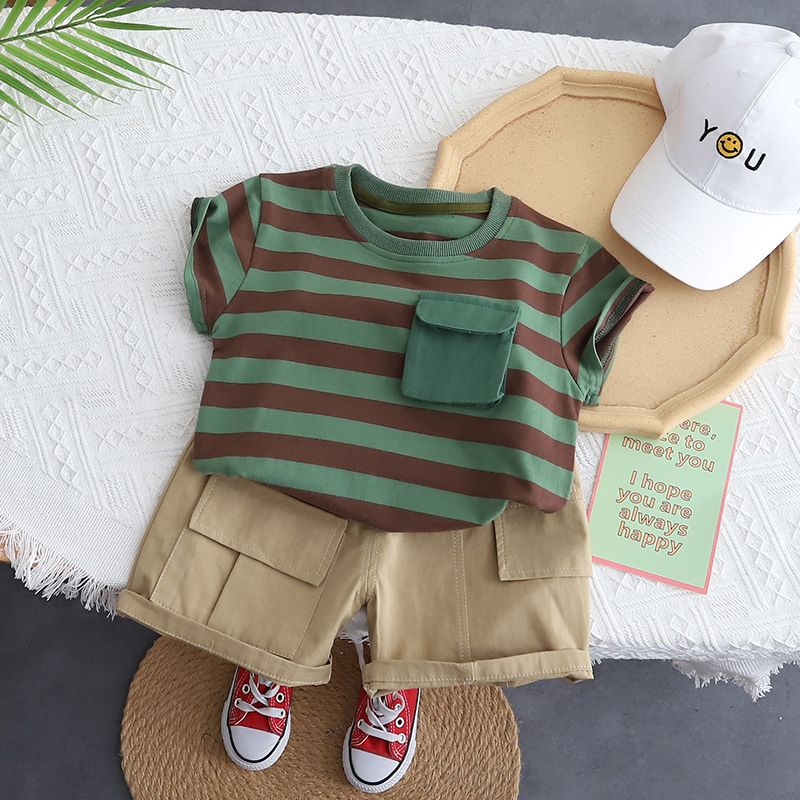 Boys summer suit 2023 new children's striped T-shirt children's overalls two-piece set