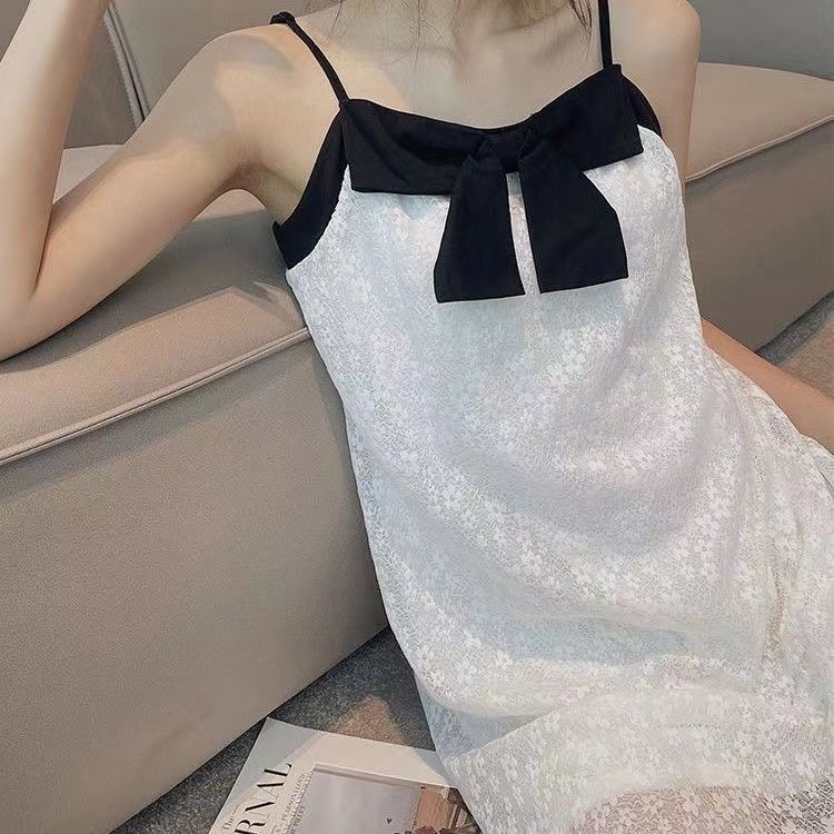 Fairy style sling nightdress female summer 2023 new pajamas bow cool feeling home clothes can be worn outside sweet