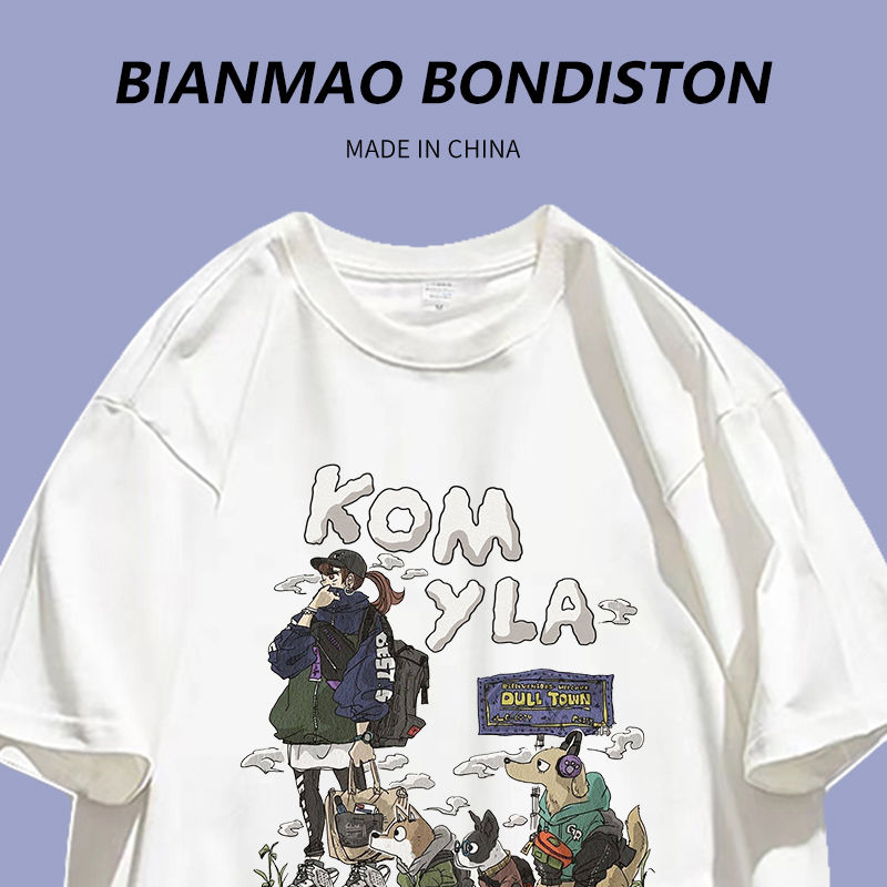 Hong Kong-style retro chic anime print summer new salt style wear lazy style white cotton short-sleeved T-shirt