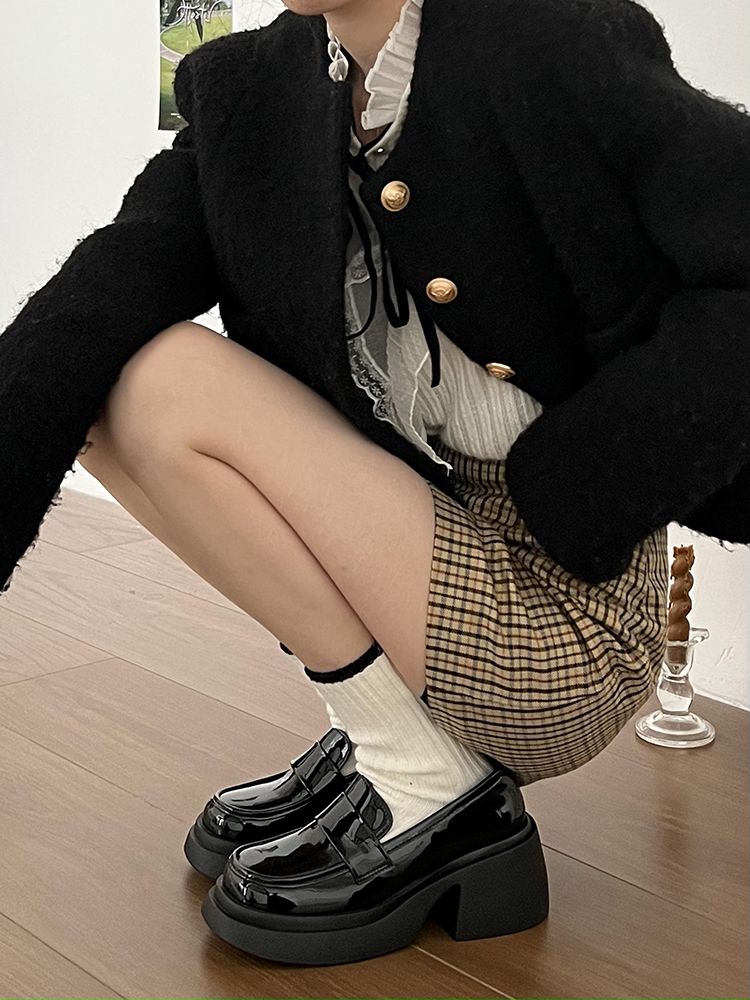 厚底樂福鞋女秋冬高跟鞋英倫風黑色日系jk小皮鞋百搭休閒單鞋小眾