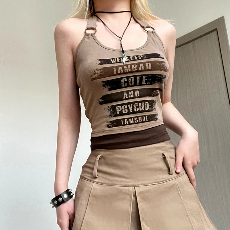 American retro street babes hit color letter print slim fit slim hanging neck top women's summer all-match camisole