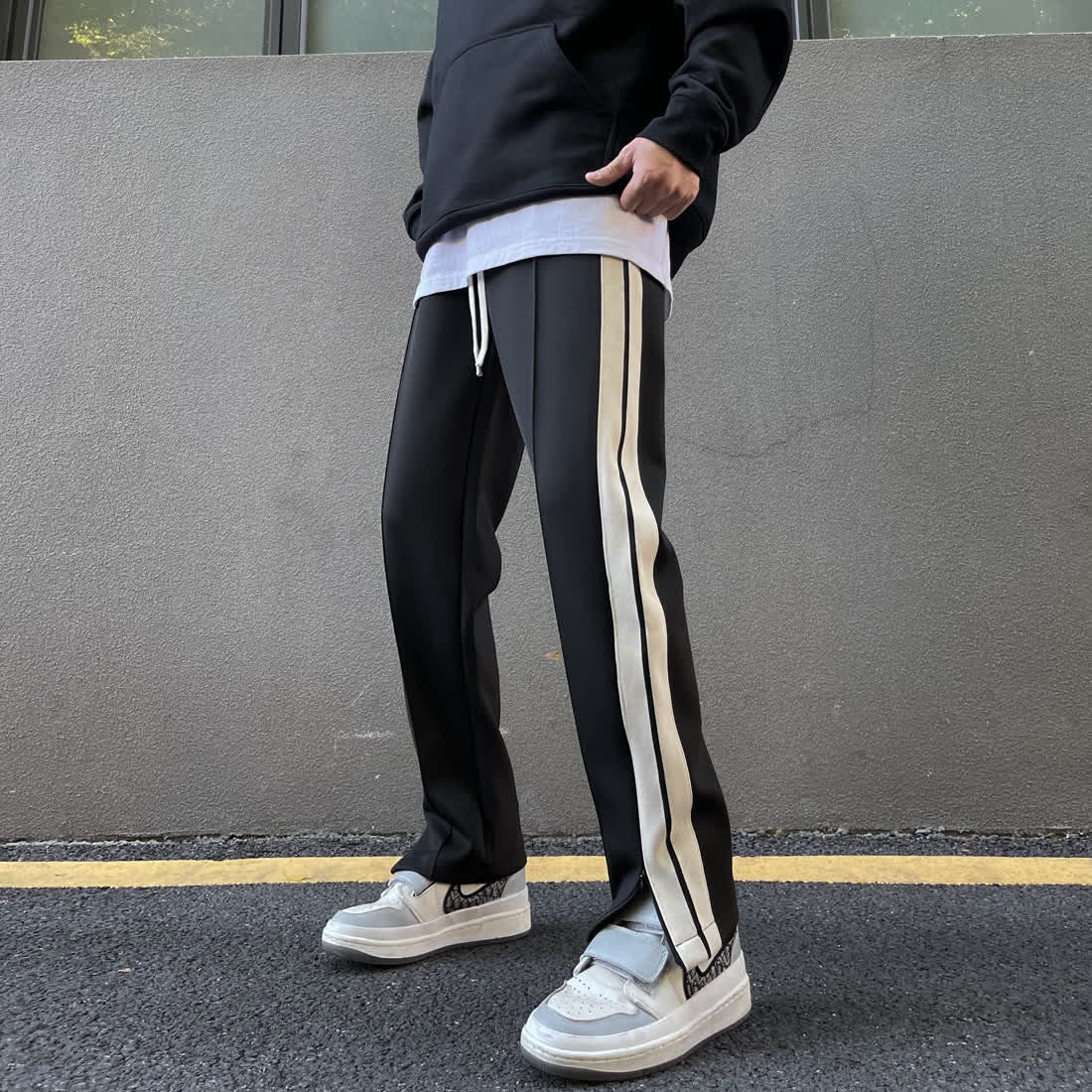 Trendy brand American striped sweatpants men's high street loose casual pants zipper slit trousers straight sports wide leg pants