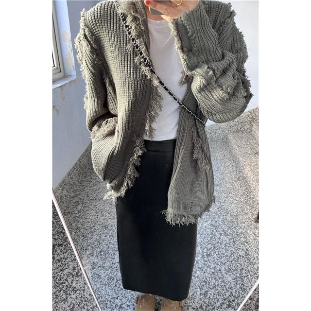 Lazy wind sweater jacket women  spring new ins Korean style loose and thin fringed knitted cardigan