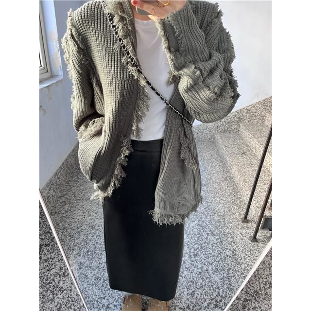 Lazy wind sweater jacket women  spring new ins Korean style loose and thin fringed knitted cardigan