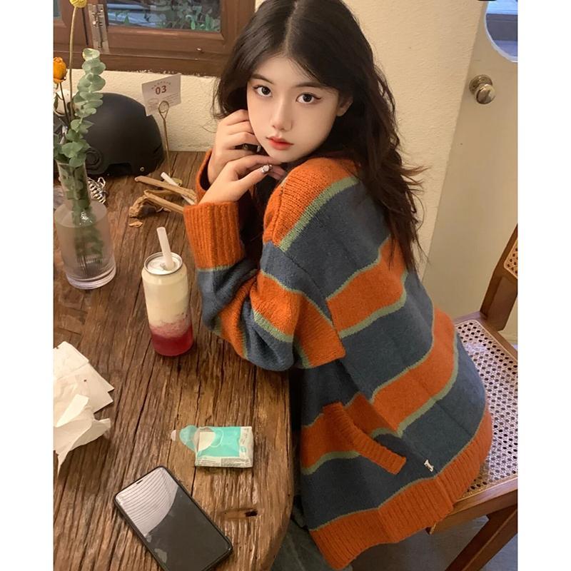 春秋新款開衫寬鬆慵懶風時尚拼色韓版V領條紋長袖針織毛衣外套女