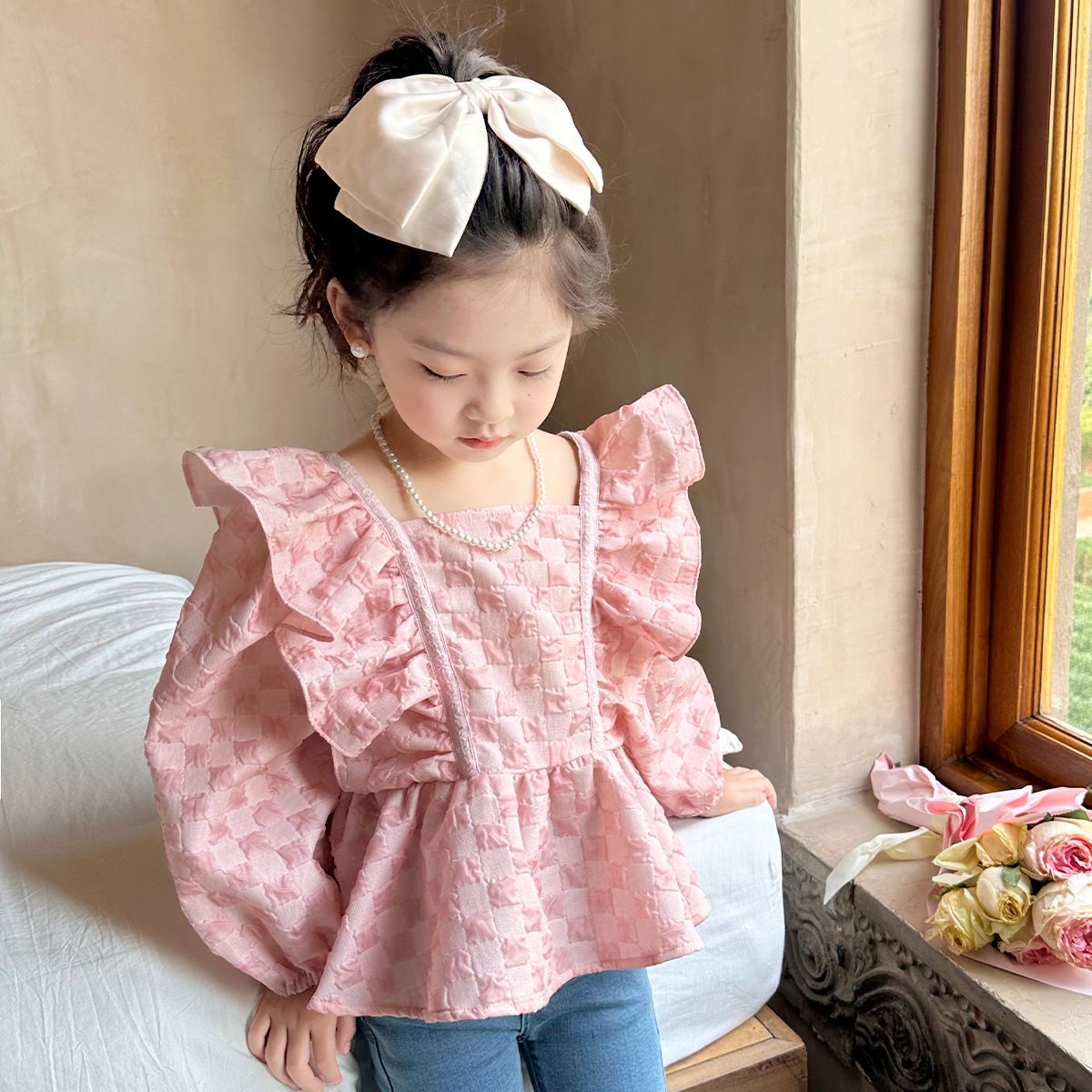 娃娃衫春季新款儿童韩版洋气衬衫女宝宝公主荷叶边上衣
