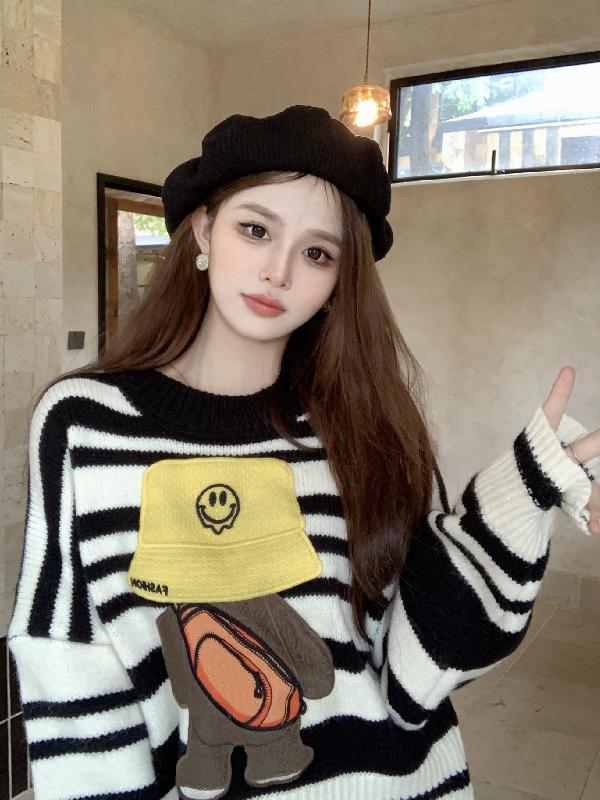 韓范慵懶風條紋毛衣女春秋設計感小眾短款上衣寬鬆針織打底內搭女