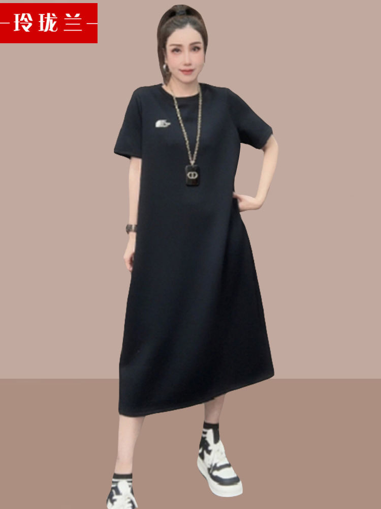 赫本风高级感黑色短袖连衣裙夏新款裙子女小众设计感宽松长裙