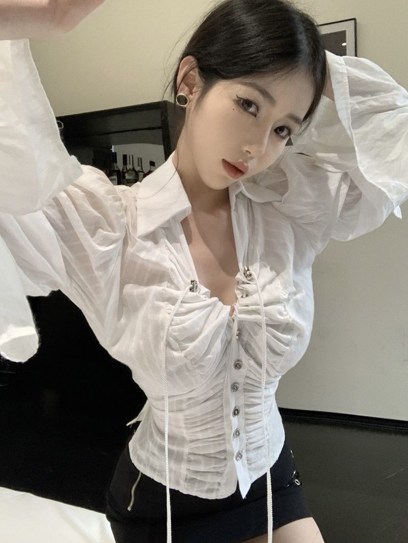 白色polo領綁帶褶皺長袖襯衫女春季2023新款修身顯瘦收腰襯衣上衣
