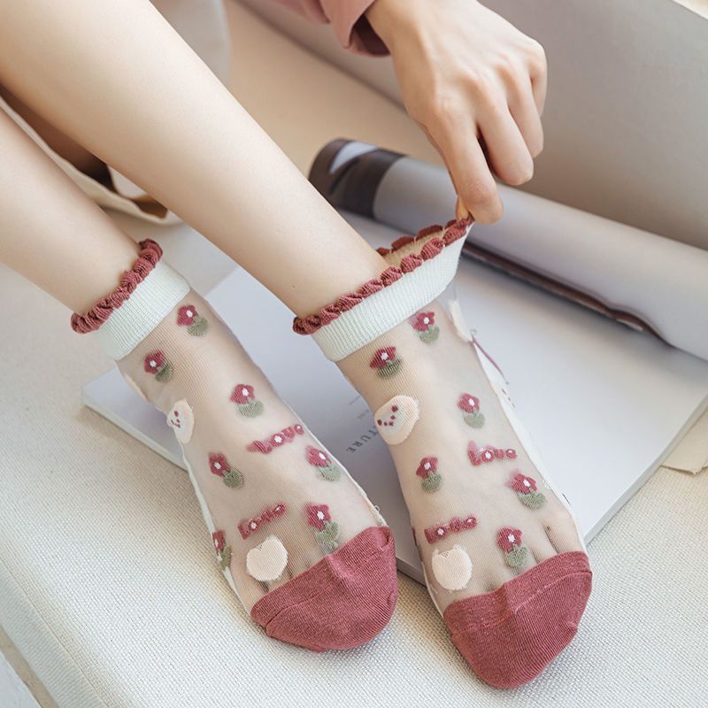 水晶袜子女玻璃丝夏季郁金香薄款粉色系短袜可爱花边透明卡丝船袜