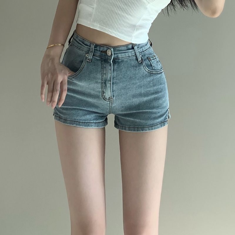 小個子顯腿長牛仔短褲女春夏季辣妹緊身彈力高腰a字短褲包臀熱褲