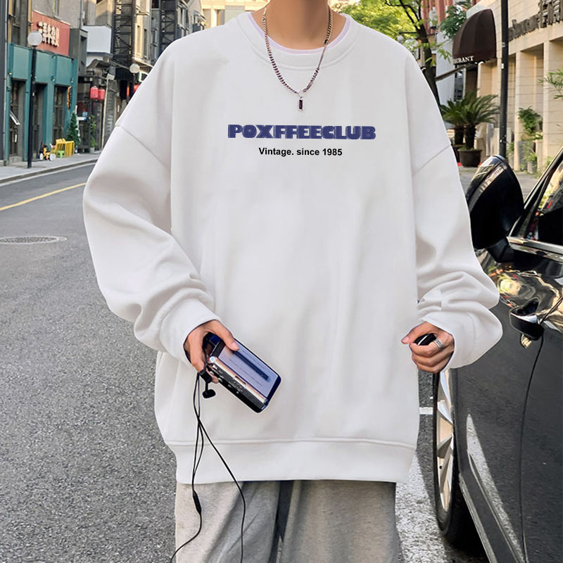 新款男士休閒港風百搭秋冬季潮牌加絨oversize圓領衛衣套頭上衣服