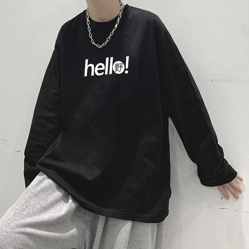 春秋新款法式印花時尚長袖T恤男ins潮流寬鬆港風學生原宿風打底衫