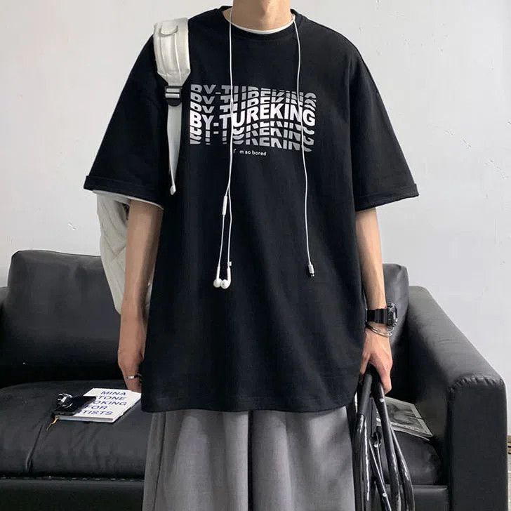 夏季體恤衫新百搭五分袖圓領t恤時尚韓版寬鬆款重影ins潮港風短袖
