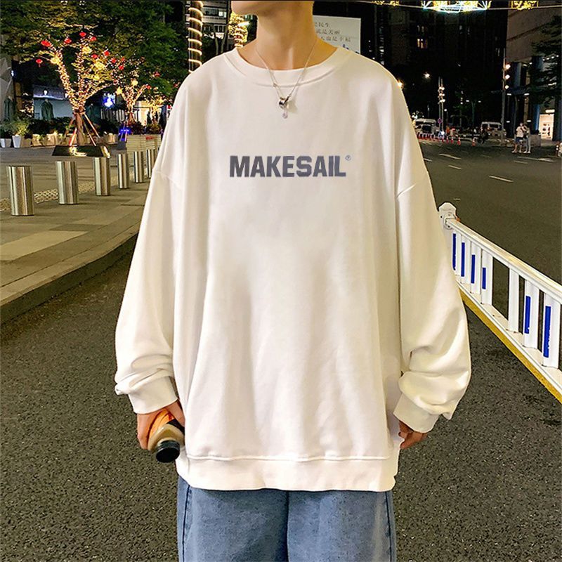 圓領衛衣男ins港風無帽字母長袖韓版寬鬆秋冬季加絨加厚套頭上衣