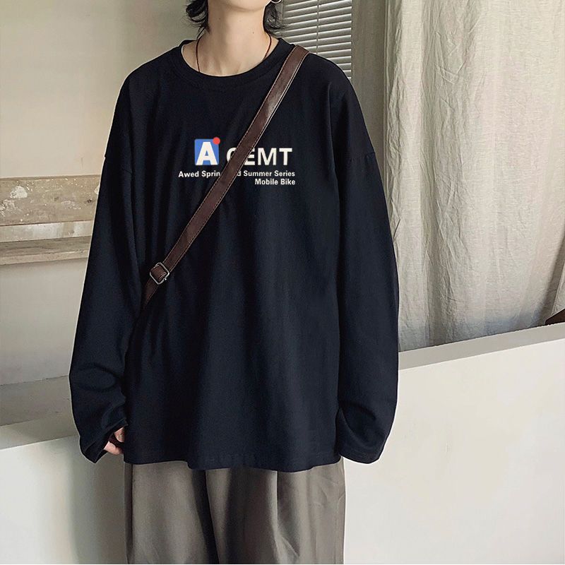 春季韓版寬鬆潮流ins港風百搭圓領長袖T恤男學生大碼寬鬆體恤上衣