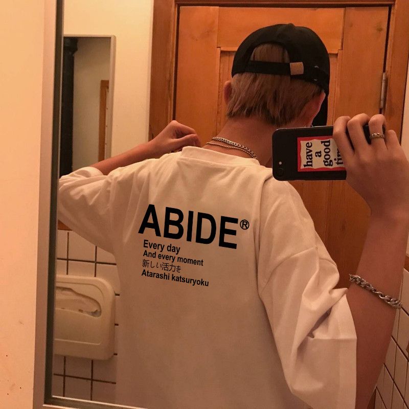 純棉夏季新款後背印花短袖t恤男潮流寬鬆小眾半袖圓領上衣服ins潮