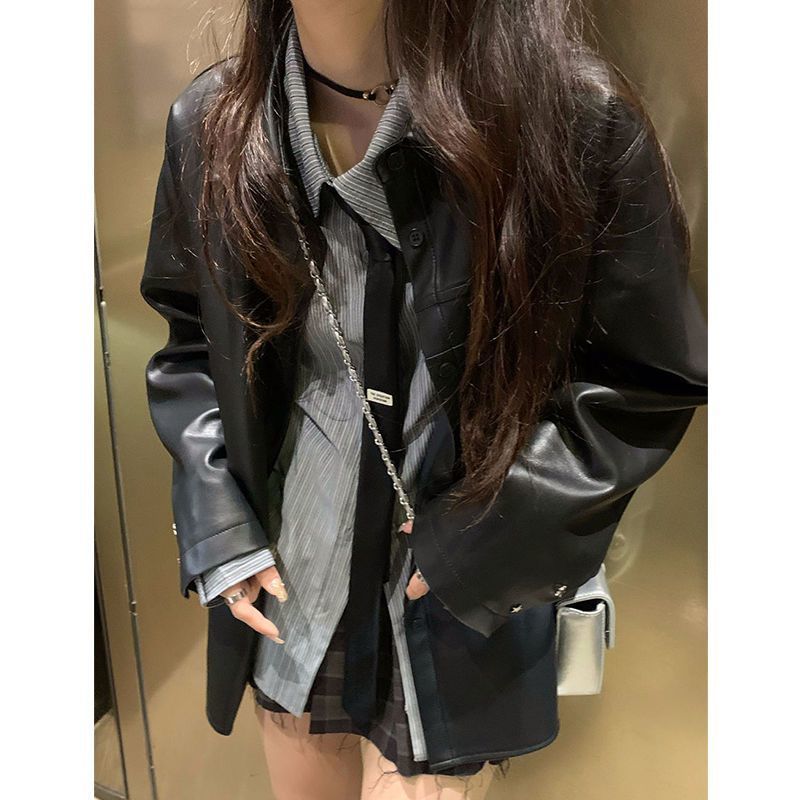 Hong Kong style retro all-match thin leather jacket 2023 spring new retro lapel sweet cool jacket motorcycle suit women