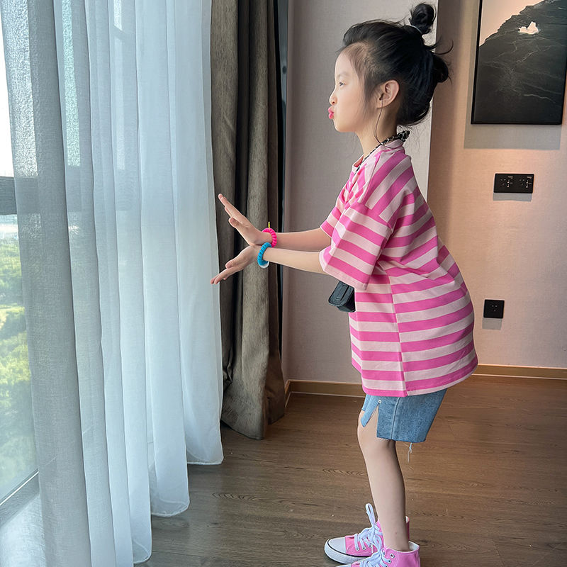 Girls' all-match striped short-sleeved T-shirt  summer new children's foreign style mid-length top T skirt denim shorts