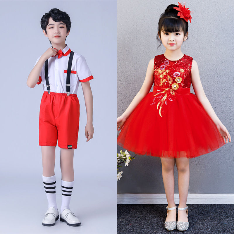 六一儿童跳舞蓬蓬裙幼儿园合唱服小学生节目舞蹈红色亮片表演纱裙