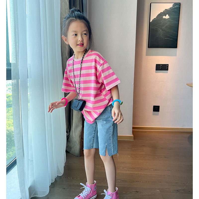 Girls' all-match striped short-sleeved T-shirt  summer new children's foreign style mid-length top T skirt denim shorts