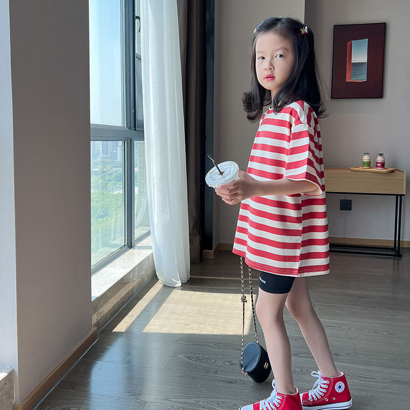 Girls' all-match striped short-sleeved T-shirt  summer new children's foreign style mid-length top T skirt denim shorts