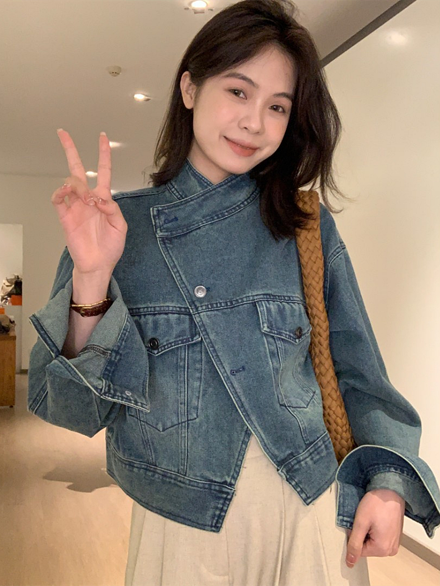 Sweet Korean version irregular fashion denim jacket female loose vibe style all-match long-sleeved hot style jacket top tide