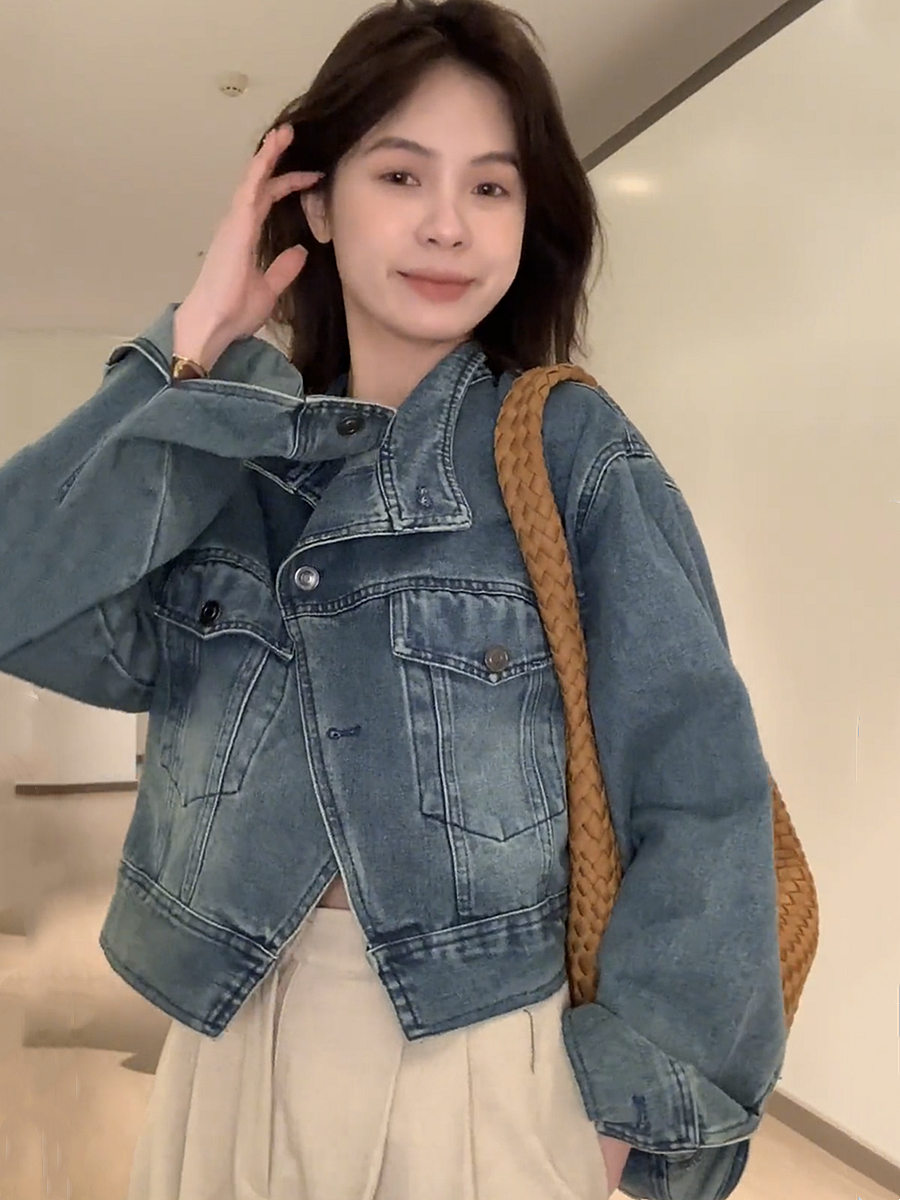 Sweet Korean version irregular fashion denim jacket female loose vibe style all-match long-sleeved hot style jacket top tide