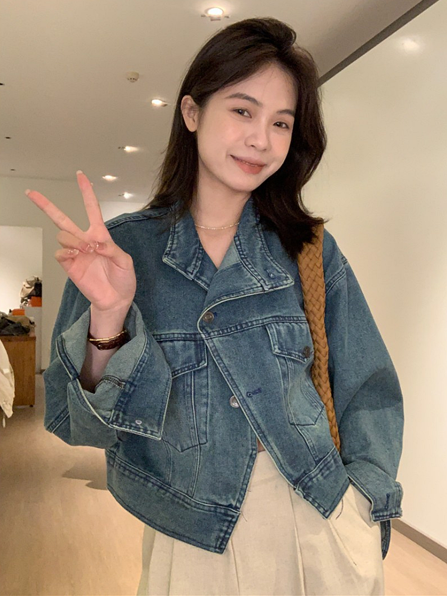 Sweet Korean version irregular fashion denim jacket female loose vibe style all-match long-sleeved hot style jacket top tide