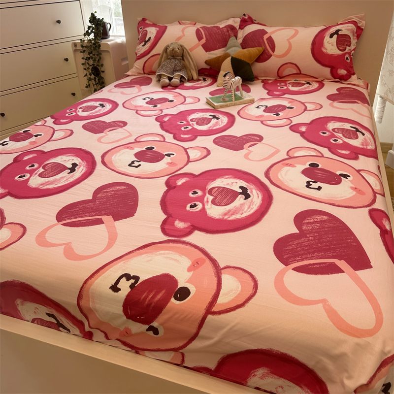 草莓床笠单件水洗棉席梦思床垫保护套床罩全包防尘防滑罩套三件套