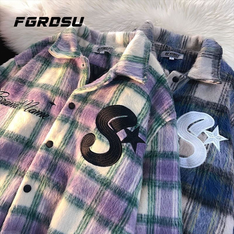 Checkered woolen shirt jacket, men's and women's same explosive street, inset style, couple's versatile casual_voghion.com