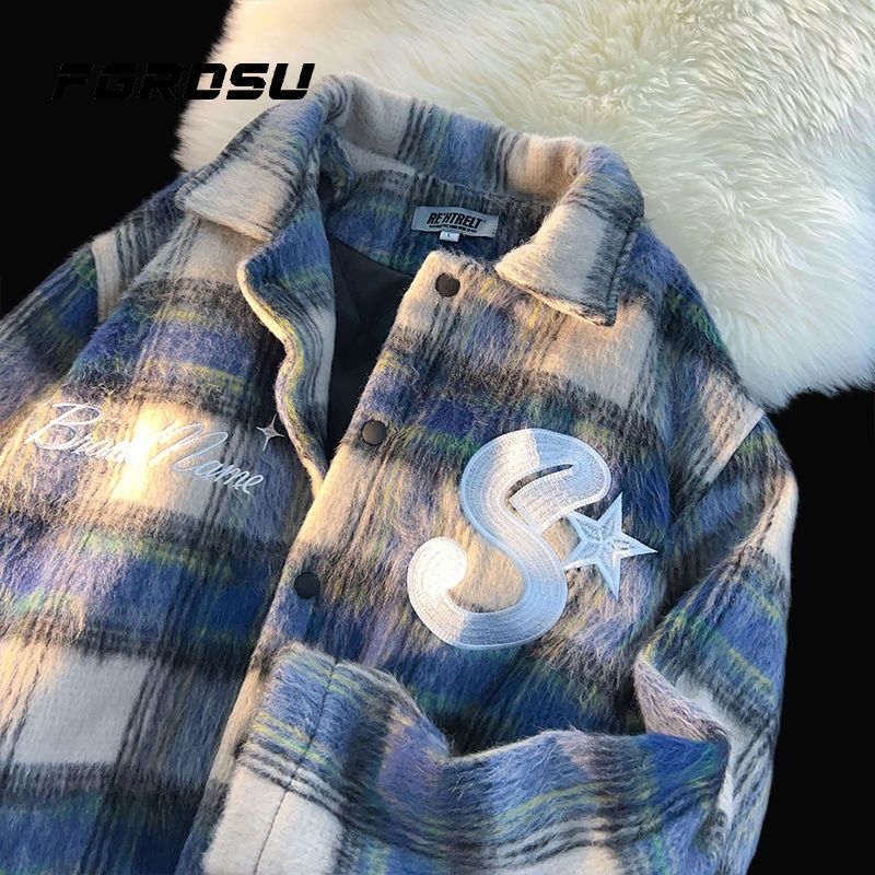 Checkered woolen shirt jacket, men's and women's same explosive street, inset style, couple's versatile casual_voghion.com