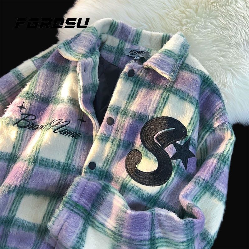 Checkered woolen shirt jacket, men's and women's same explosive street, inset style, couple's versatile casual_voghion.com