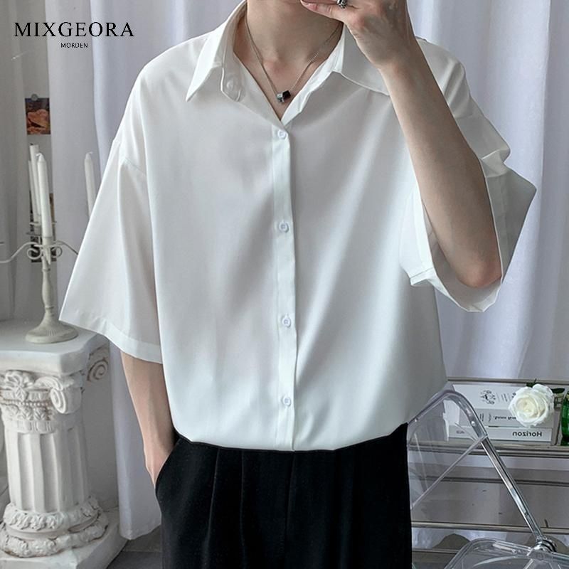 MIX GEORA冰丝垂坠感短袖衬衫男夏季薄款纯色宽松潮流五分袖衬衣
