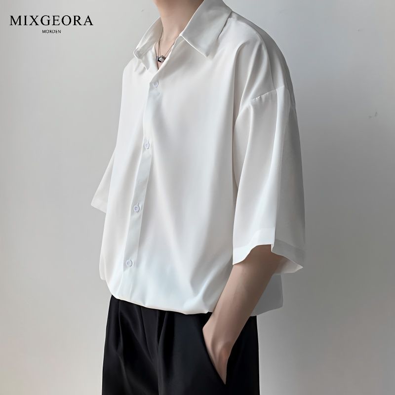 MIX GEORA冰丝垂坠感短袖衬衫男夏季薄款纯色宽松潮流五分袖衬衣