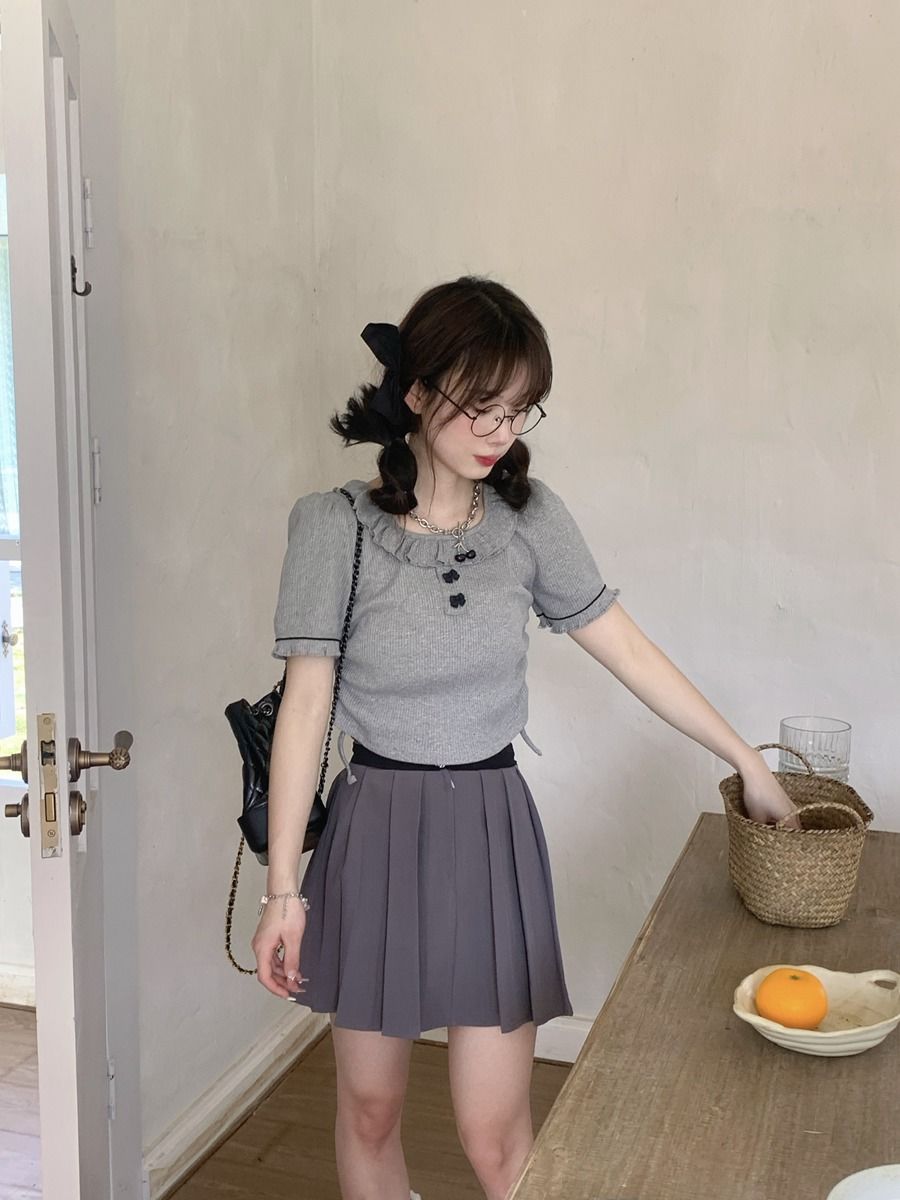 Meigao college style gray short-sleeved T-shirt sweet hot girl age reduction self-cultivation slim drawstring jacket female summer