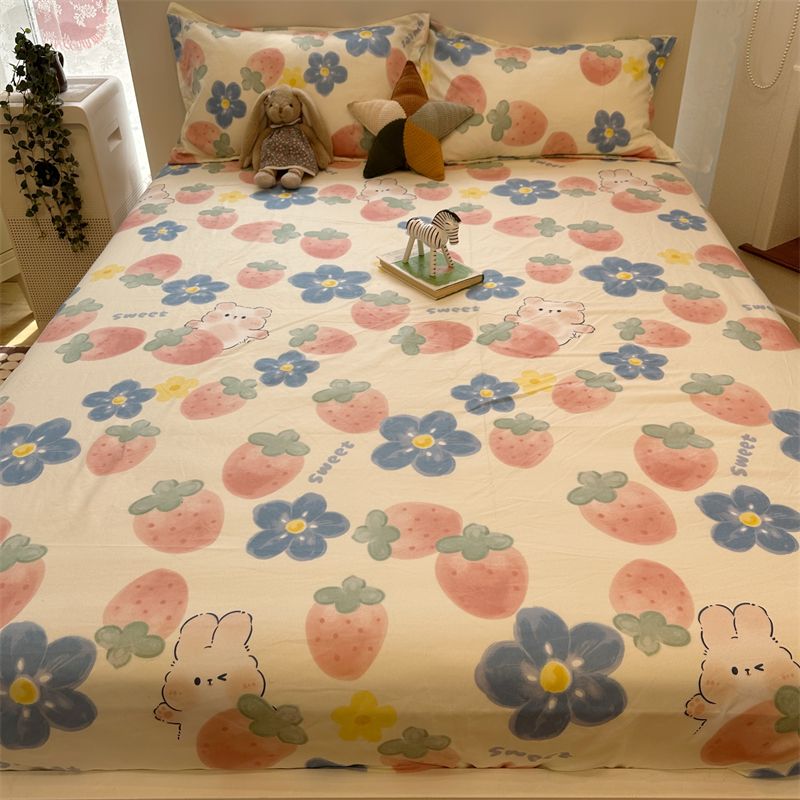 草莓床笠单件水洗棉席梦思床垫保护套床罩全包防尘防滑罩套三件套