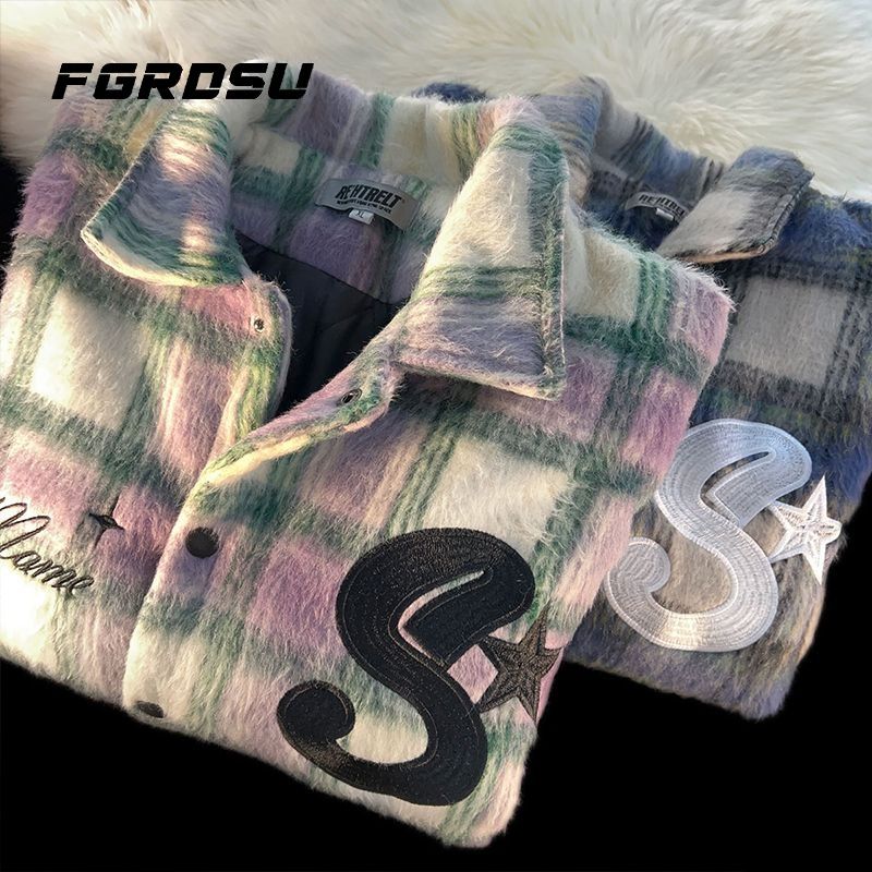 Checkered woolen shirt jacket, men's and women's same explosive street, inset style, couple's versatile casual_voghion.com