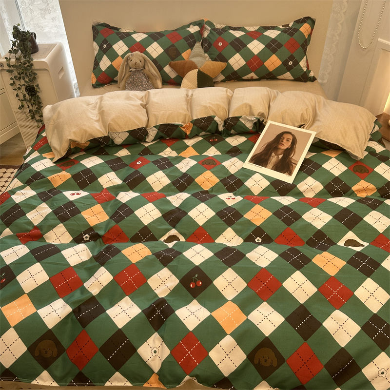 ins绿色菱格小熊床上四件套水洗棉文艺1.5m1.8米被套床单三件套